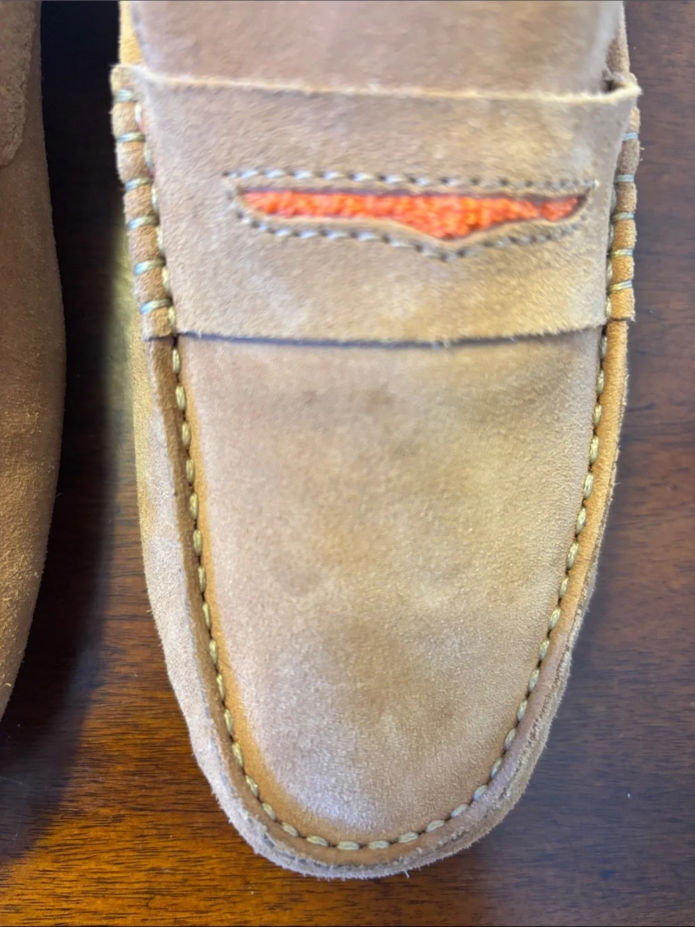 Manolo Blahnik brown Suede Penny Loafers with Orange Accent